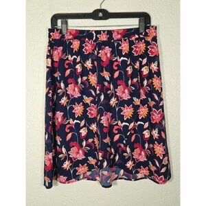 Loft Navy & Pink Floral Paisley Faux Wrap Elastic Waist Skirt Size Medium